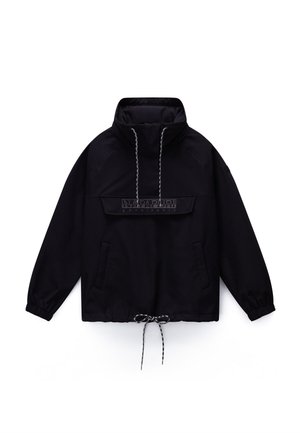 Giacca pullover nera a maniche lunghe con collo alto, tasca frontale con patta e logo "Napapijri geographic", coulisse regolabili su collo e orlo.