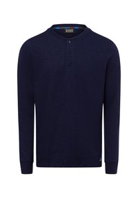 Long-sleeve navy shirt made of textured fabric with a round neckline, three-button placket, and a small logo on the hem.
