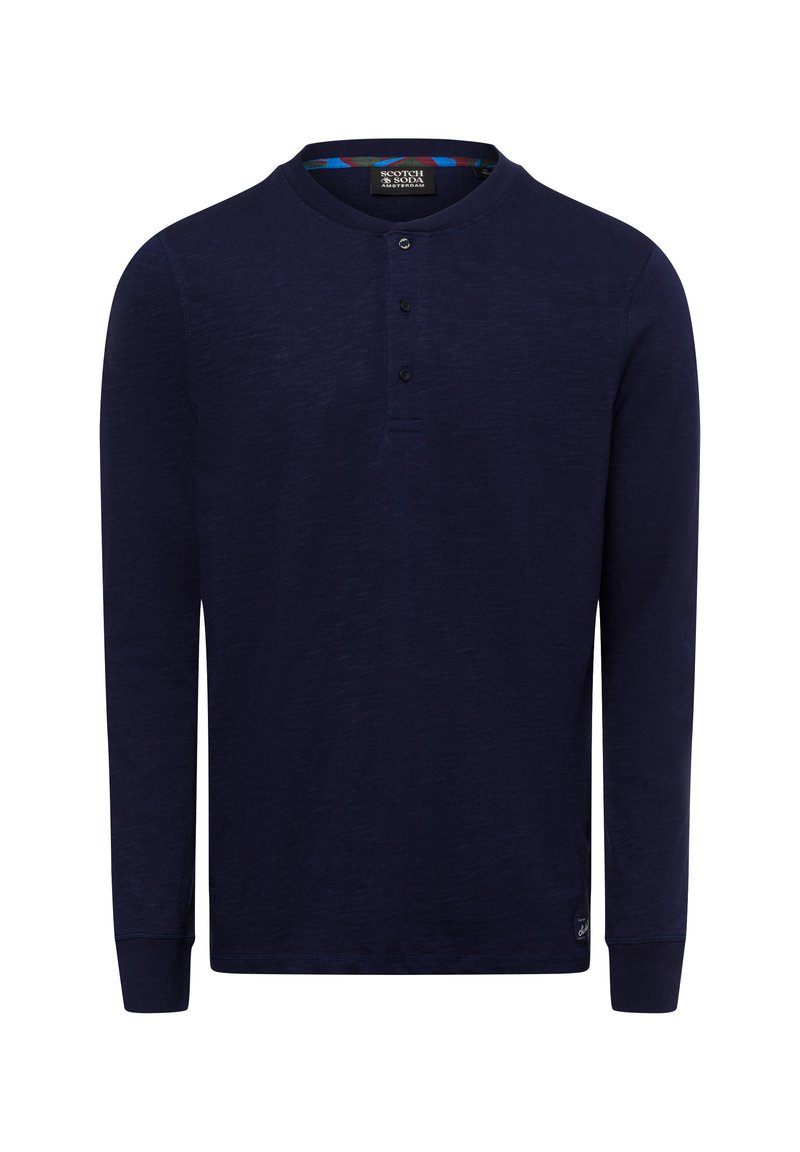 Long-sleeve navy shirt made of textured fabric with a round neckline, three-button placket, and a small logo on the hem.