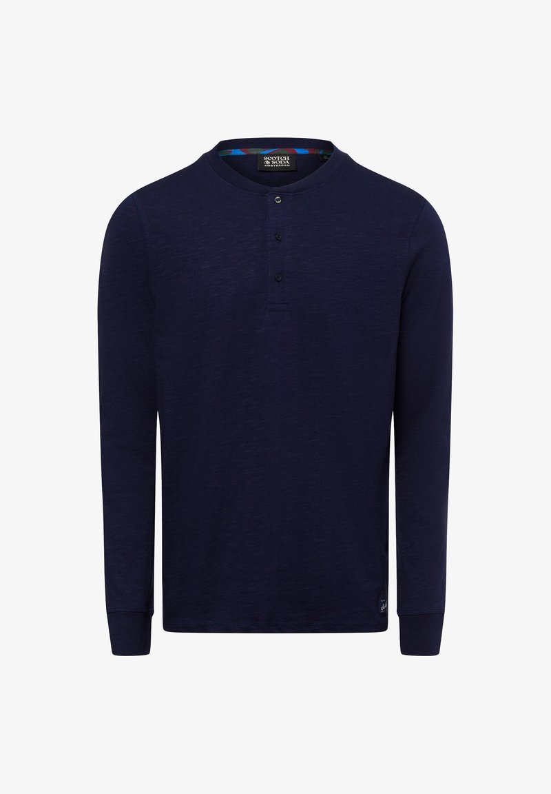Long-sleeve navy shirt made of textured fabric with a round neckline, three-button placket, and a small logo on the hem.