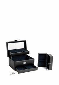 Scatola per gioielli in pelle nera con specchio, due scomparti e chiusura a chiave. L'interno è foderato in velluto blu scuro; include un contenitore più piccolo separato.