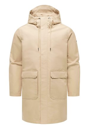 Beige knielanger wasserdichter Mantel mit Kapuze, Frontreißverschluss mit Abdeckung, verstellbaren Kordelzügen und zwei großen Frontklappentaschen.
