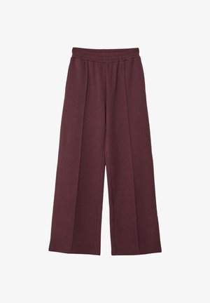 Wijde bordeauxrode broek met een elastische tailleband en een middennaadsteek, weergegeven op een witte achtergrond.