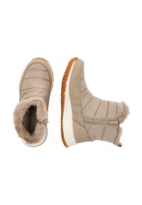 Beige isolierte Stiefel mit einem Futter aus Kunstpelz, gestepptem Design, seitlichem Reißverschluss, Gummisohle und gepolstertem Kragen für Wärme und Komfort.