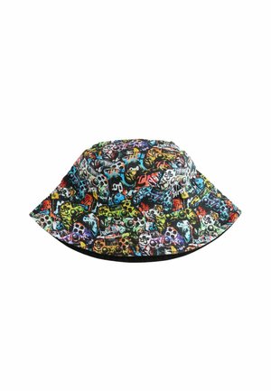 Bøllehat med farverigt grafitti-mønster, der viser forskellige videospilkonsoller og abstrakte designs på sort baggrund.