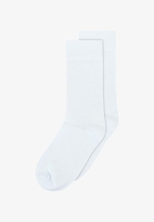 Weiße Baumwollsocken im Crew-Stil mit glatter Textur, ausgestattet mit verstärkt Ferse und Spitze. Einfaches Design, geeignet für den täglichen Gebrauch.
