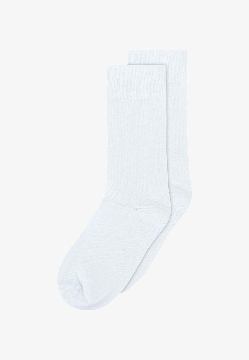 White cotton crew socks with a smooth texture, featuring a reinforced heel and toe. Simple design, suitable for everyday wear.