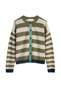 Cardigan a righe in misto lana verde e beige. Presenta una chiusura con bottoni turchesi e polsini e orlo a coste blu navy. Sei bottoni scuri visibili.