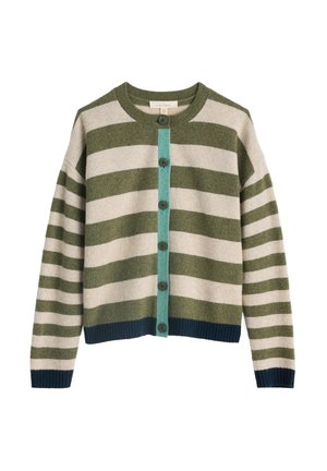 Striped cardigan in green and beige wool-blend. Features a turquoise button placket and navy ribbed cuffs and hem. Six dark buttons visible.