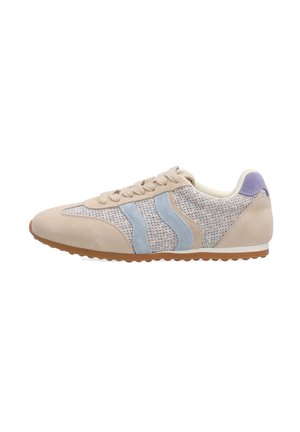 Beige and light blue casual sneaker with mesh fabric, suede accents, lace-up closure, and a brown rubber sole.