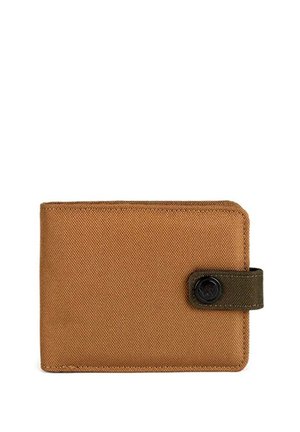 Brown fabric wallet with a textured surface, featuring a green strap and a black button closure. Compact, rectangular design.