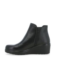 Stivaletti neri in pelle con tacco a zeppa, chiusura con zip laterale, superficie liscia e puntale arrotondato. Adatti per un look casual.