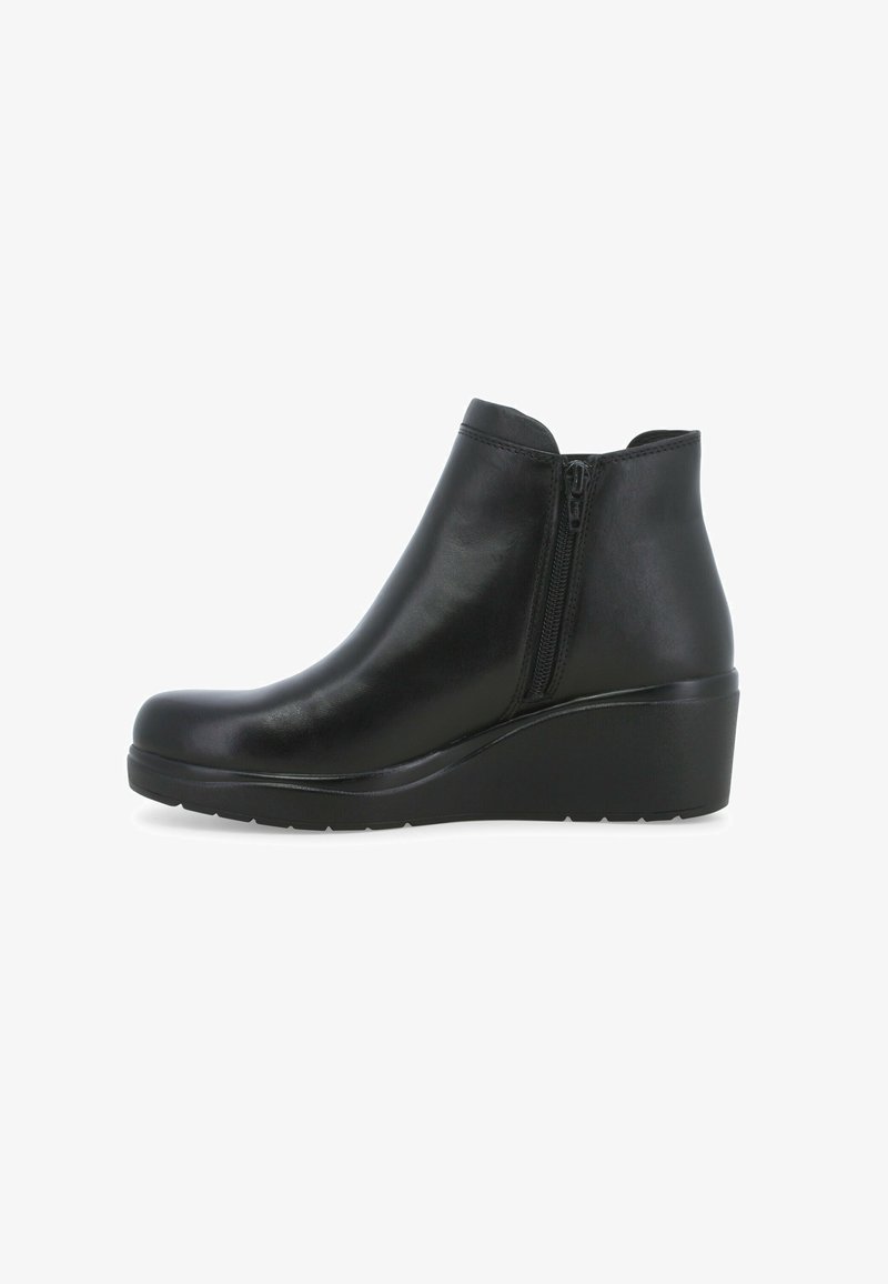 Stivaletti neri in pelle con tacco a zeppa, chiusura con zip laterale, superficie liscia e puntale arrotondato. Adatti per un look casual.