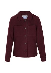 Burgundy takki napilla, jossa on kaulus, kaksi rintataskua, pitkät hihat ja hihansuut, esitelty etuosasta valkoista taustaa vasten.