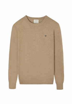 Jersey beige de cuello redondo y mangas largas con puños y dobladillo acanalados, pequeño logo oscuro bordado en el pecho izquierdo.