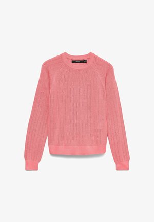 Różowy, długi sweter z dzianiny z okrągłym dekoltem i subtelnym pionowym wzorem ażurowym.