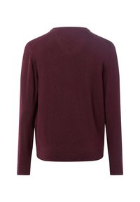 Bordeaux pullover trui, gebreide textuur, lange mouwen, ronde halslijn, geribbelde manchetten en onderrand, achteraanzicht zonder extra details.