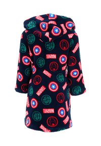 Accappatoio in fleece blu navy con cappuccio, caratterizzato da motivi colorati del logo e dei personaggi Marvel. Maniche lunghe, texture morbida e dettaglio della chiusura con cintura.