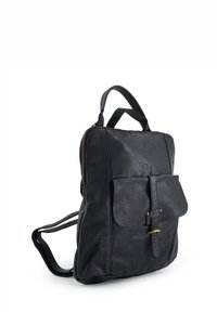 Black leather backpack with a zip closure, front flap pocket secured by a strap, and dual shoulder straps. Smooth texture with minimal accents.