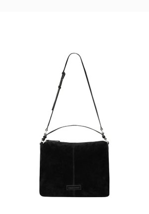 Black suede shoulder bag with a slim rectangular shape, featuring an adjustable leather strap and a zip closure at the top.