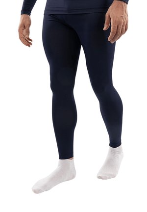 Navyblauwe leggings gemaakt van rekbaar materiaal, aansluitend ontwerp, met een gladde textuur, gecombineerd met witte enkelsokken.