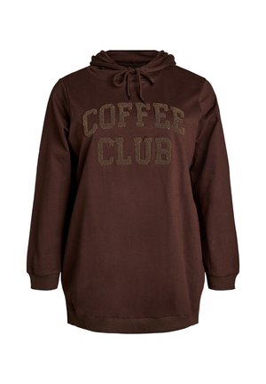 Brun hættetrøje med snore og teksturtekst "COFFEE CLUB" på brystet, lange ærmer og ribkanter ved manchetter og kant.