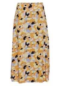 Fustă maxi florală, cu modele vibrante de galben, lavandă și negru pe un material ușor. Textură netedă cu o siluetă lejeră.