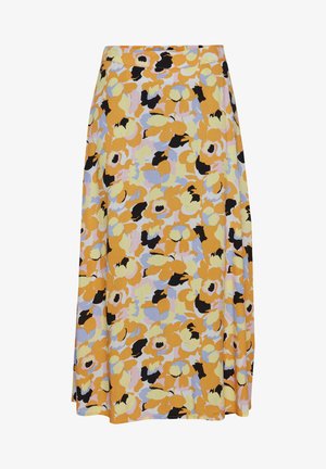 Lillede maksiseelik, millel on erksad kollased, lavendlised ja mustad mustrid kergest kangast. Sile tekstuur ja voolav siluett.