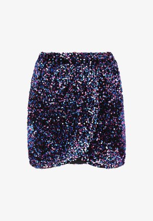 Sequin mini skirt featuring a gradient of purple, blue, and pink colors, made from a shiny material with a textured surface.