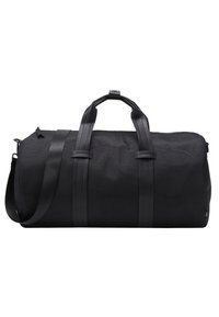 Svart duffelväska i en texturerad tyg, med släta läderdetaljer, två handtag och en justerbar axelrem. Har en dragkedjas stängning.