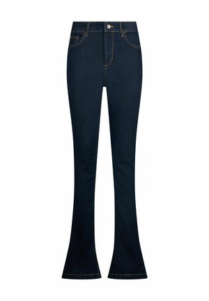 Ciemnoniebieskie dżinsy z denimu z wysokim stanem, z przodu zapinane na guziki, z suwakiem, z dwoma przednimi kieszeniami i lekko rozszerzanymi nogawkami.