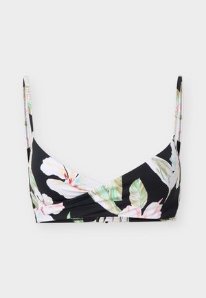 Musta bikiniyläosa, jossa ohuet olkaimet ja suuri valkoisen ja vihreän trooppisen kukkakuvion koriste.