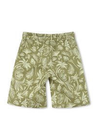 Olijfgroene shorts met een elastische tailleband, voorzien van een wit tropisch blad- en dierenpatroon, gemaakt van lichtgewicht stof.