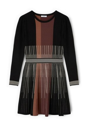 Vestito nero a maniche lunghe con righe verticali beige e marroni, vita aderente e gonna svasata con motivi a righe.