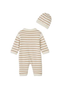 Striped cream romper and matching hat, featuring horizontal brown stripes, ribbed cuffs, and a soft knit texture with a round neckline.