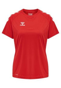 Punainen polyesterinen urheilupaita lyhyillä hihoilla, jossa on valkoinen Hummel-logo ja kalanruotokuvioiset korostukset hartioilla, sileä pinta, kevyt malli.