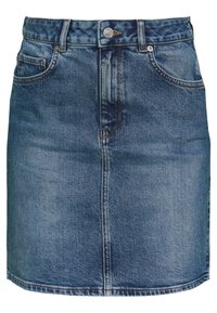 Modrá džínová sukně s předním zapínáním na knoflík a zip, poutky na opasek a kapsami po obou stranách.