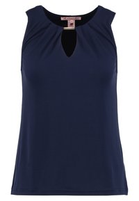 Marineblaue ärmellose Oberteil mit rundem Ausschnitt und tropfenförmigem Schlitz, weichem Material und glatter Textur. Einfaches, ungeschmücktes Design.