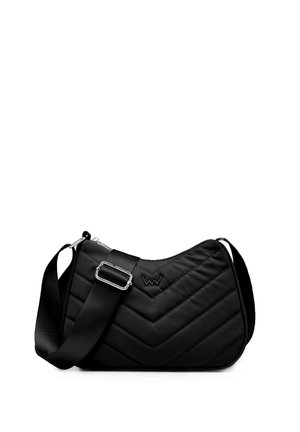 Black quilted shoulder bag with a smooth texture, featuring a chevron pattern, adjustable strap, and metallic hardware accents.
