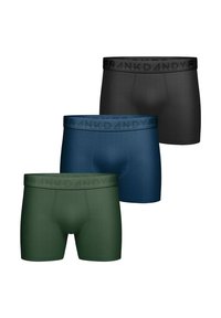 Tre par boxershorts i mörkgrön, marinblå och svart, med en mjuk elastisk midjeband med "FRANK DANDY"-logotyp.