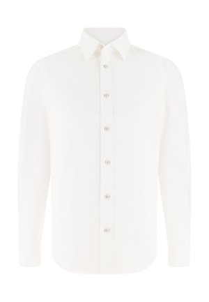 Weißes, langärmeliges Hemd mit Knopfleiste, spitzem Kragen und sichtbaren Knöpfen vorne sowie abgerundetem Saum.