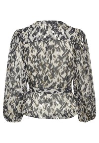 Lichte, patronen blouses met een mix van grijs, zwart en metallic goudtinten, voorzien van lange pofmouwen en een tailleband.