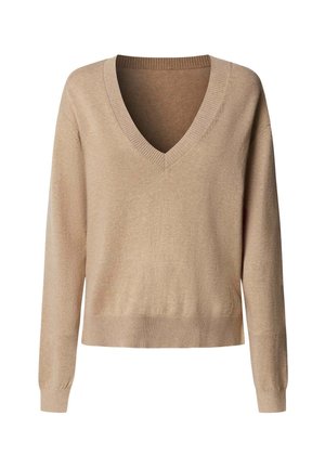 Beige v-hals trui met lange mouwen, geribbelde zoom en manchetten, zachte textuur en een ontspannen pasvorm.