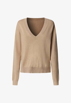béžový sveter s výstrihom do V a dlhými rukávmi, s rebrovaným spodným lemom a manžetami, mäkkou textúrou a uvoľneným strihom.