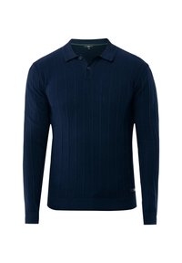 Námořnický modrý polo svetr s dlouhým rukávem, s texturovaným žebrovaným designem, tříknoflíkovou légou a pleteným límcem. Jemný značka na spodní části.