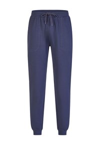 Marineblauwe joggers van zacht materiaal, met een elastische tailleband, trekkoord en twee voorzakken. Met verlaagde enkels.