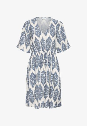 Robe à manches courtes, longueur genou en blanc avec un motif ornemental bleu, dotée d'un décolleté en V et d'une taille ajustable avec cordon.