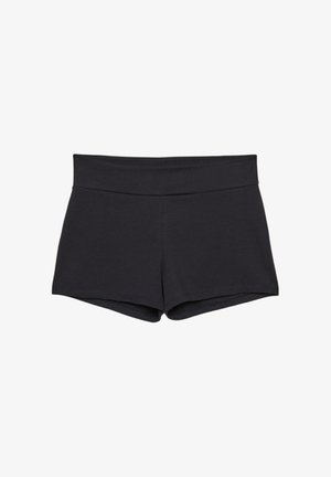 Mustat, vyötäröltä kireät shortsit leveällä vyötärönauhalla, jotka on valmistettu pehmeästä ja joustavasta kankaasta. Helma on sileä, ilman näkyviä kiinnityksiä tai kuvioita.