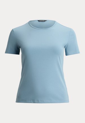 Lichtblauw T-shirt met korte mouwen en ronde hals, slim fit, met een klein merkembleem vlak bij de zoom.