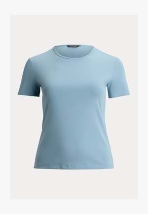 Lichtblauw T-shirt met korte mouwen en ronde hals, slim fit, met een klein merkembleem vlak bij de zoom.